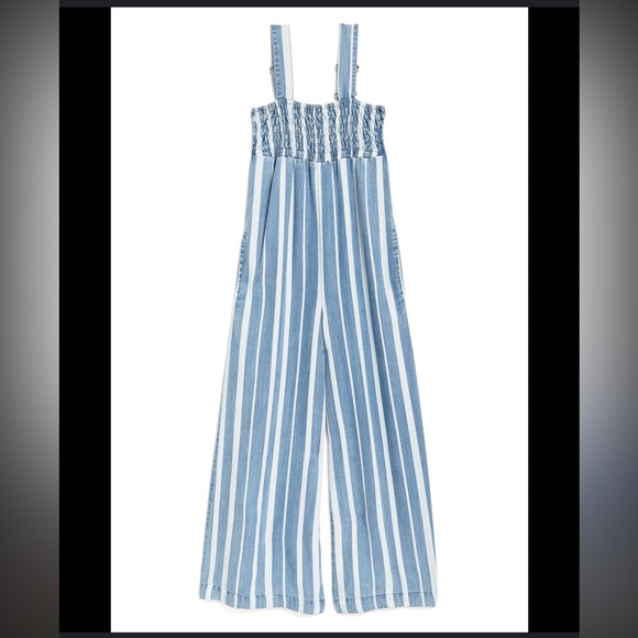 Ultra Wide Leg Smocked Blue White Striped Jumpsuit Size 00/XS Tall New With Tag - Picture 1 of 7